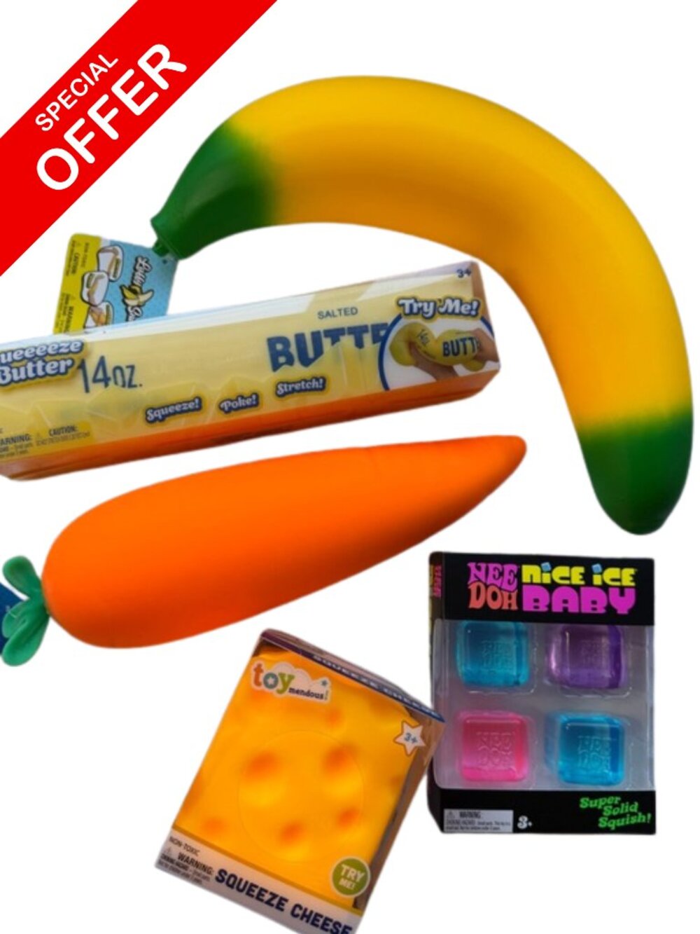 🍌🥕🧈🧊🧀 NIB Lot of 5 Jumbo Squishies & NeeDoh Sensory Toys 🔥